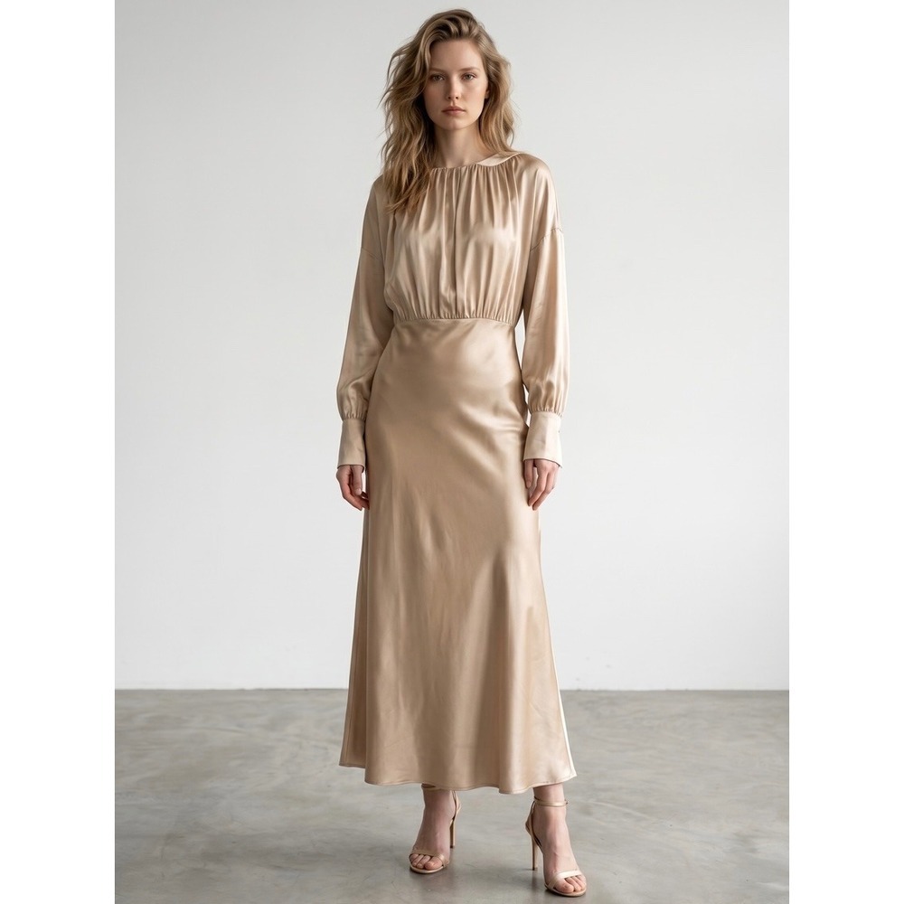 Silk Maison Champagne 100% Mulberry Silk Long Sleeve Maxi Dress 21SM3DR13 NWT L
